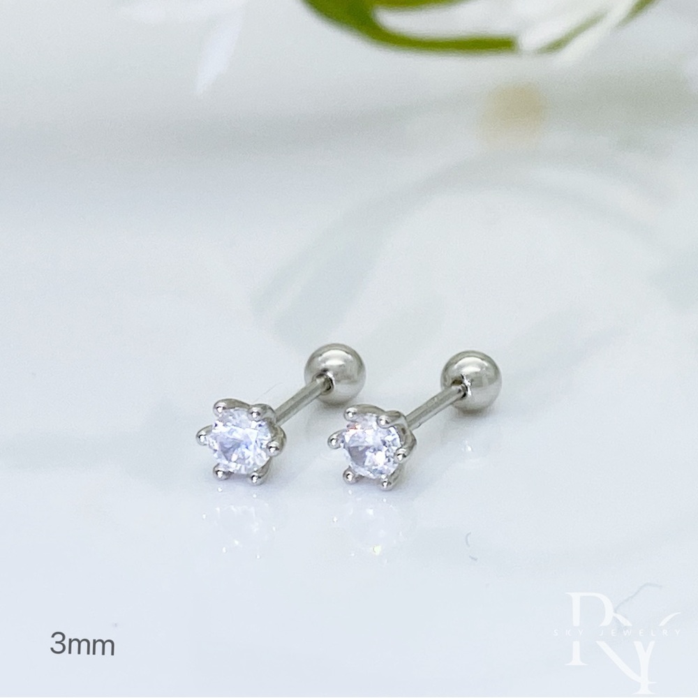 Solid Silver 6 prongs CZ Diamond Stud Screw bakcks Earrings-ESB022 Silver 3mm